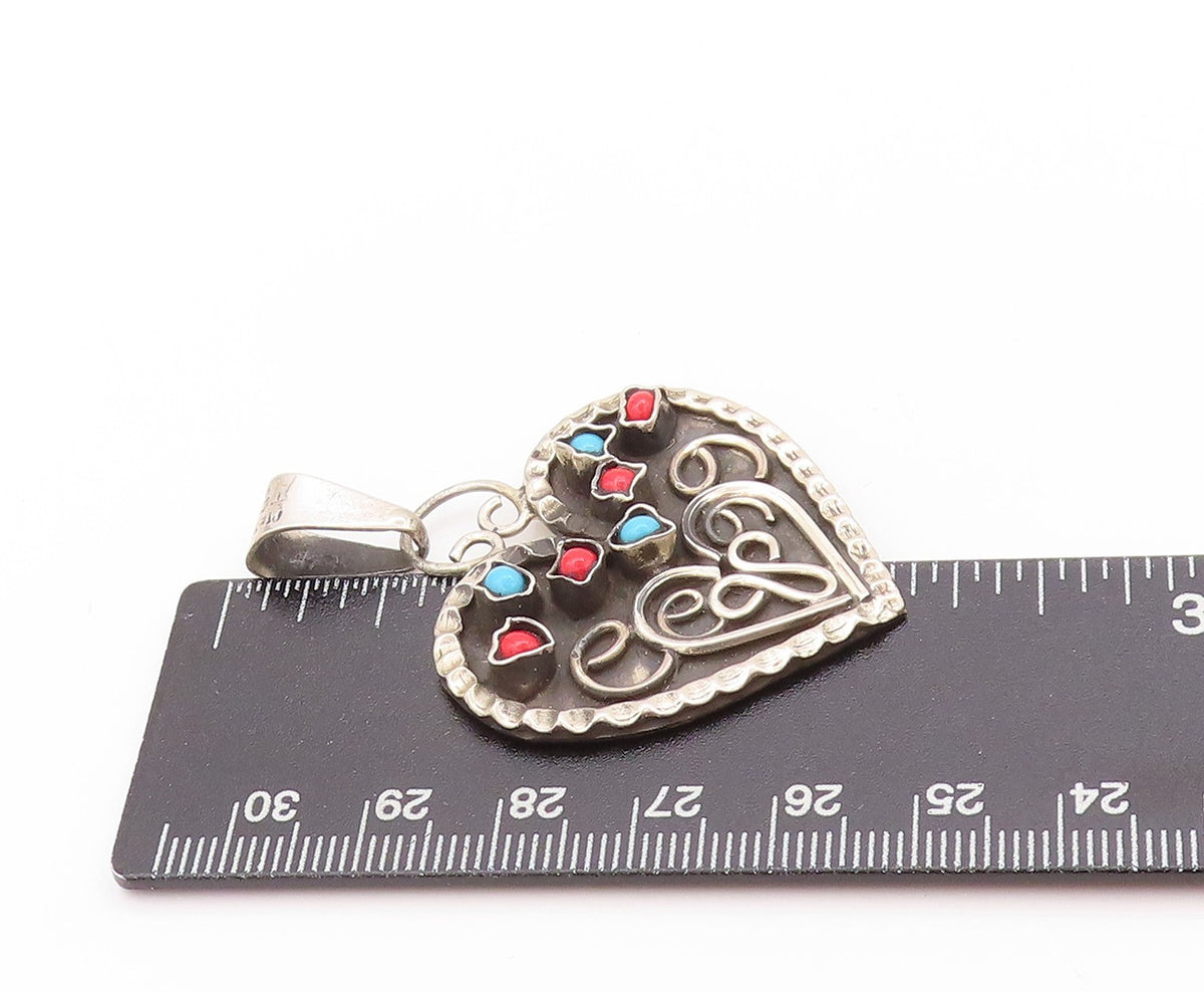 925 Sterling Silver Vintage Pendant Antique Etched Turquoise Heart  PT24210