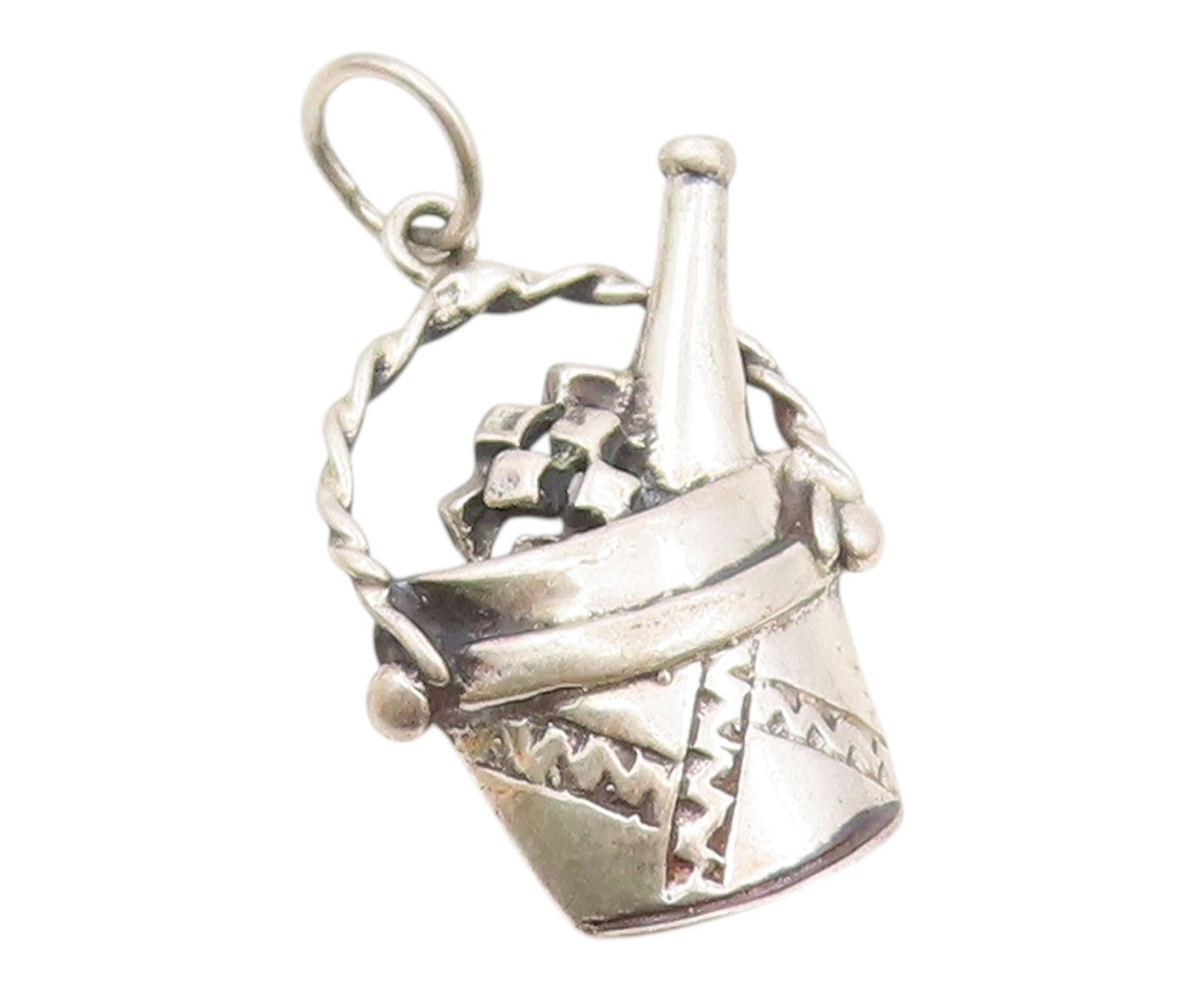 925 Sterling Silver  Vintage Champagne Bottle In Ice Bucket Pendant  PT20143