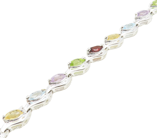 925 Sterling Silver  Topaz Peridot & Amethyst Shiny Chain Bracelet  BT6420
