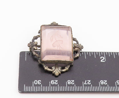 925 Sterling Silver Vintage Brooch Pin Rose Quartz Carved Floral Frame  BP12632