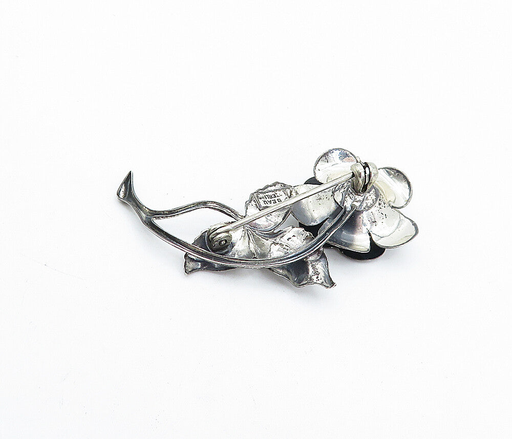 BEAU 925 Silver  Vintage Dark Tone Sculpted Rose Flower Brooch Pin  BP1416