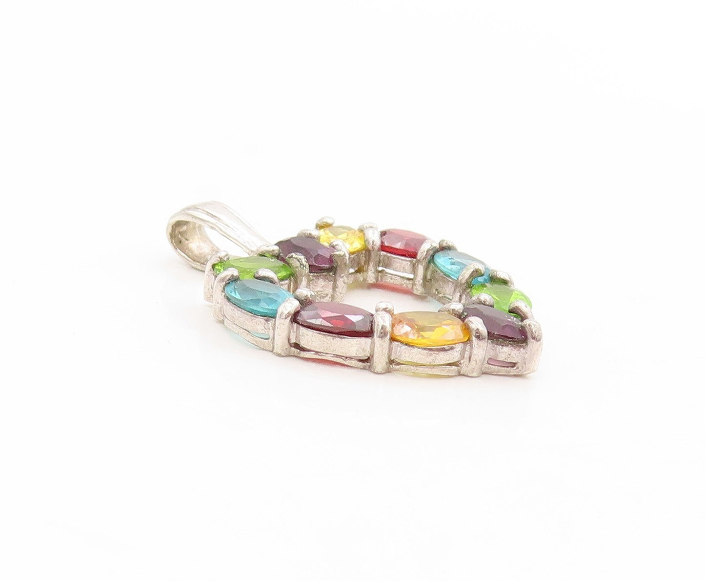 925 Sterling Silver Vintage Pendant Multi Gemstone Open Love Heart Charm PT25070
