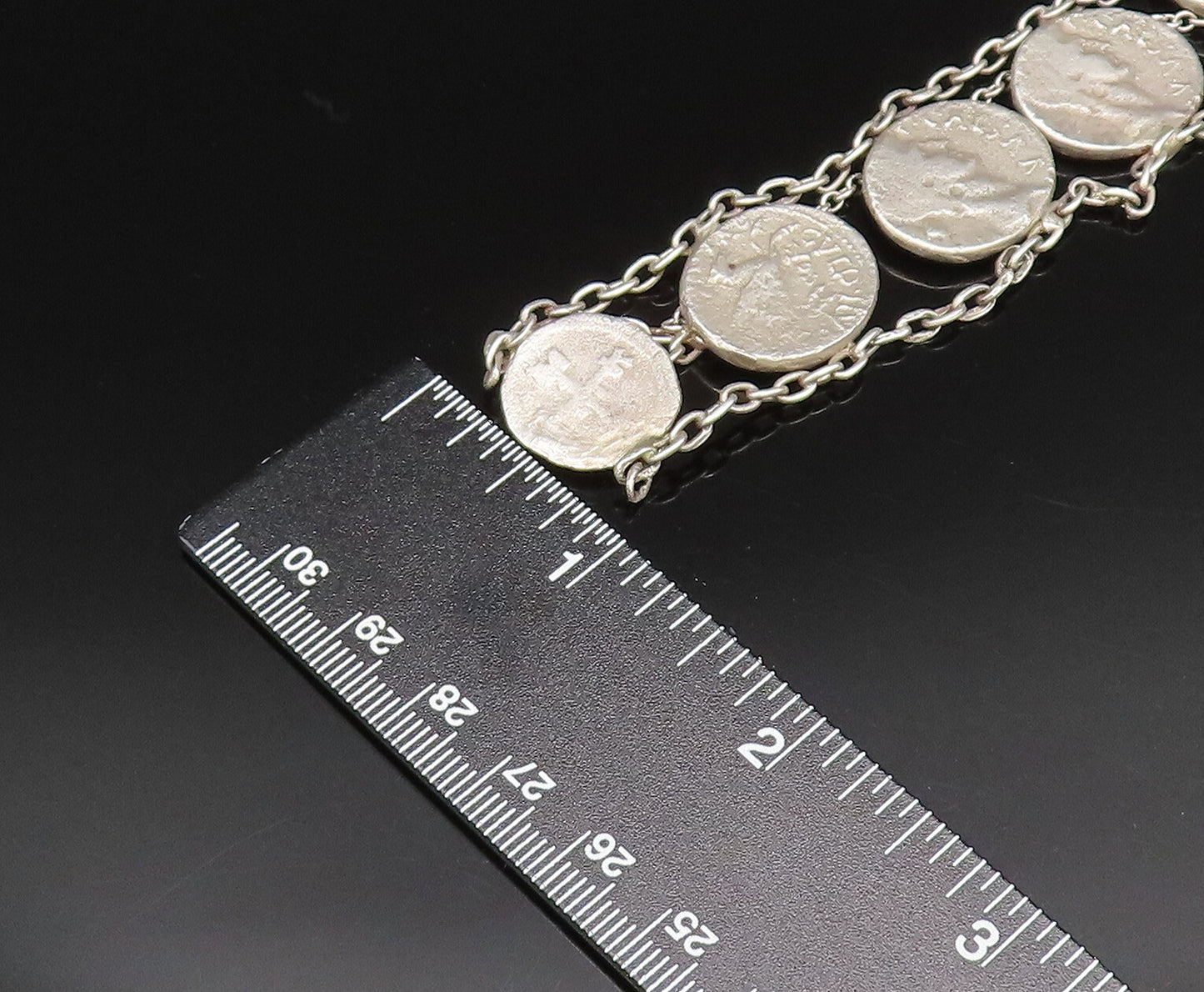 925 Sterling Silver  Vintage Double Chain Carved Coin Motif Bracelet  BT9547