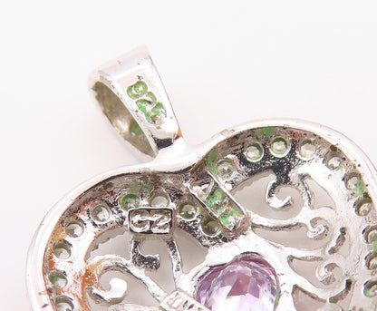 925 Sterling Silver  Vintage Quartz & Topaz Scroll Love Heart Pendant  PT20231