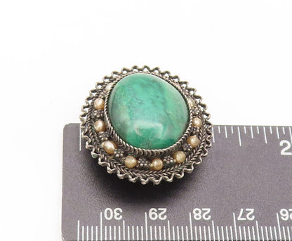 925 Sterling Silver Vintage Brooch Pin ISRAEL Turquoise Halo Carved  BP10617