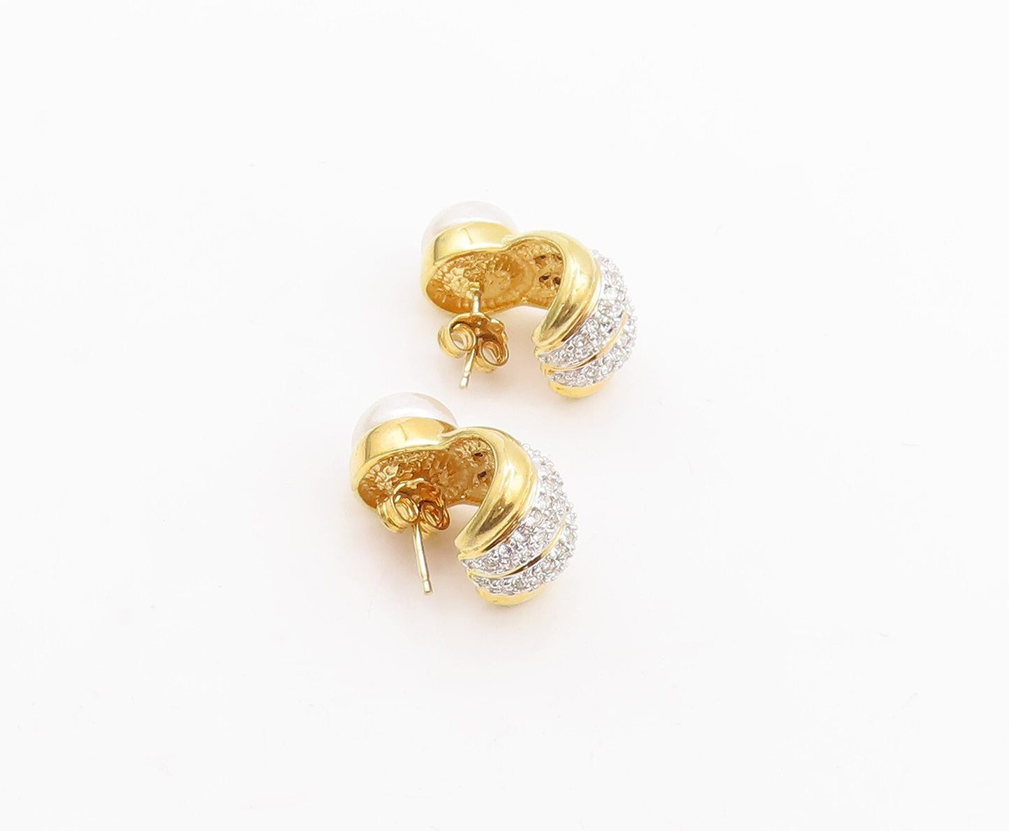 925 Sterling Silver Vintage Earrings Gold Plated Pearl & CZ Inlay  EG13109