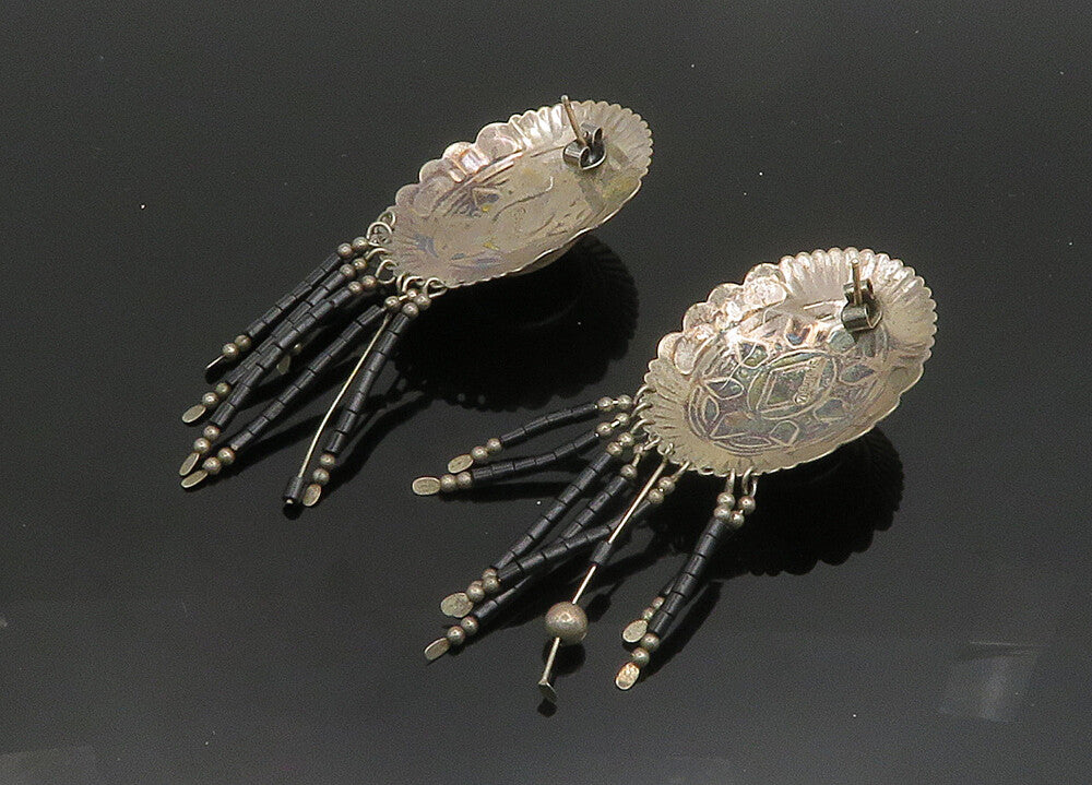NAVAJO 925 Sterling Silver  Vintage Cabochon Black Onyx Drop Earrings  EG9867