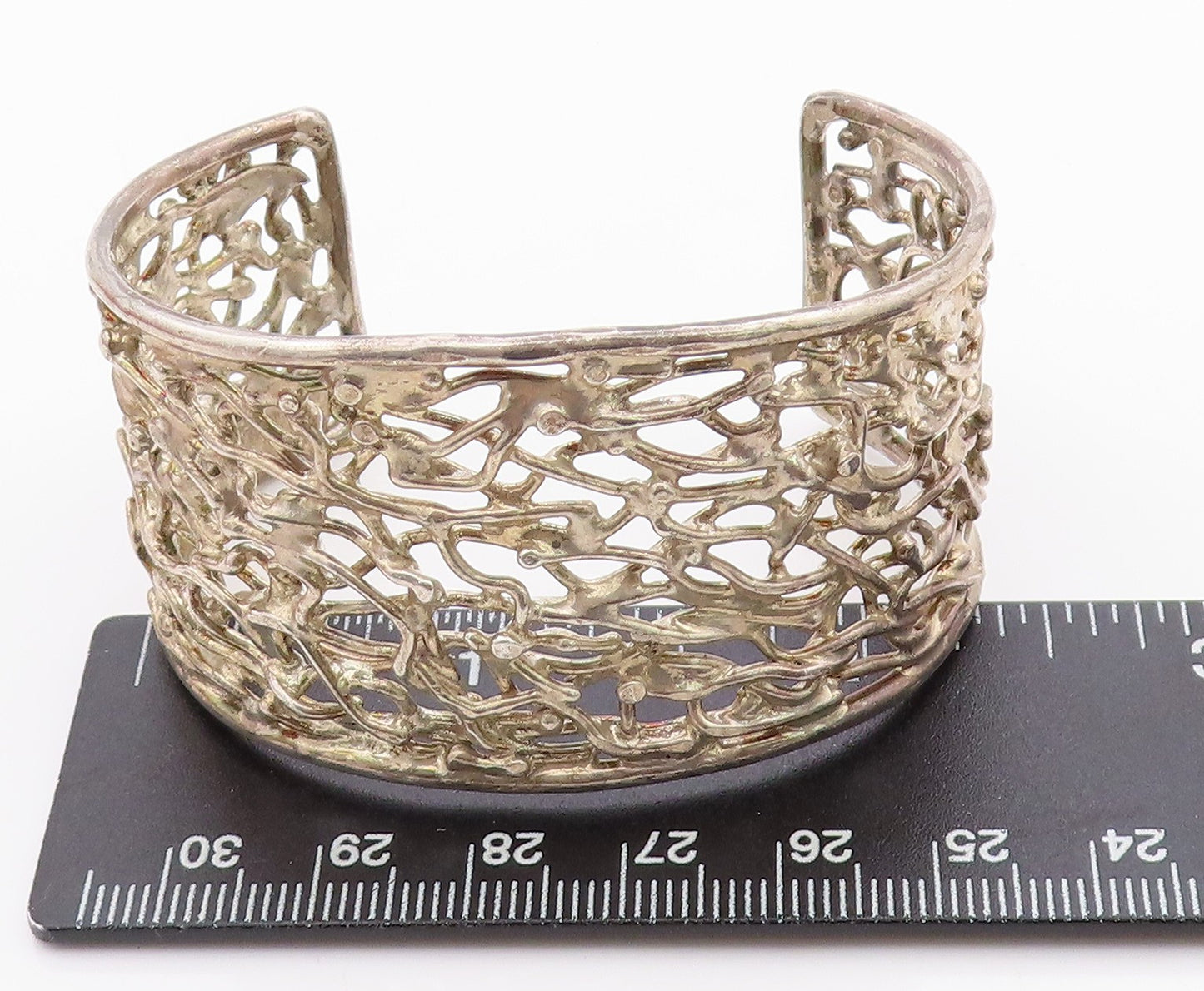 925 Sterling Silver Vintage Bracelet Brutalist Design Cutout Broad Cuff  BT11353