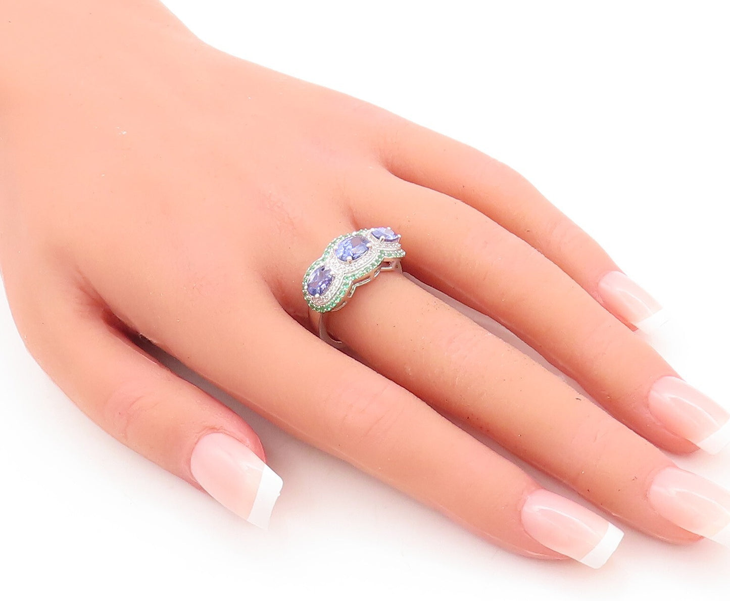 925 Sterling Silver Vintage Ring Oval Blue Halo White & Green CZ  Sz 7  RG29551