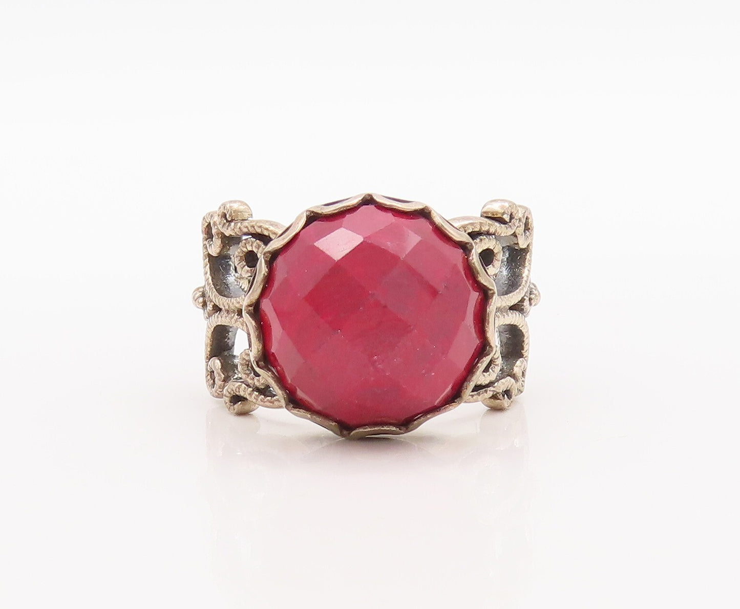925 Sterling Silver Vintage Ring Swirly Carved Red Gemstone  Sz 8.5  RG29528