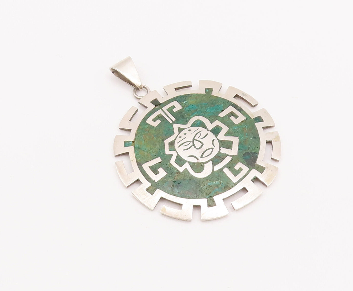 925 Sterling Silver Vintage Pendant TAXCO Carved Sun Inlay Turquoise  PT23116