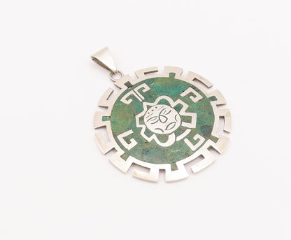 925 Sterling Silver Vintage Pendant TAXCO Carved Sun Inlay Turquoise  PT23116