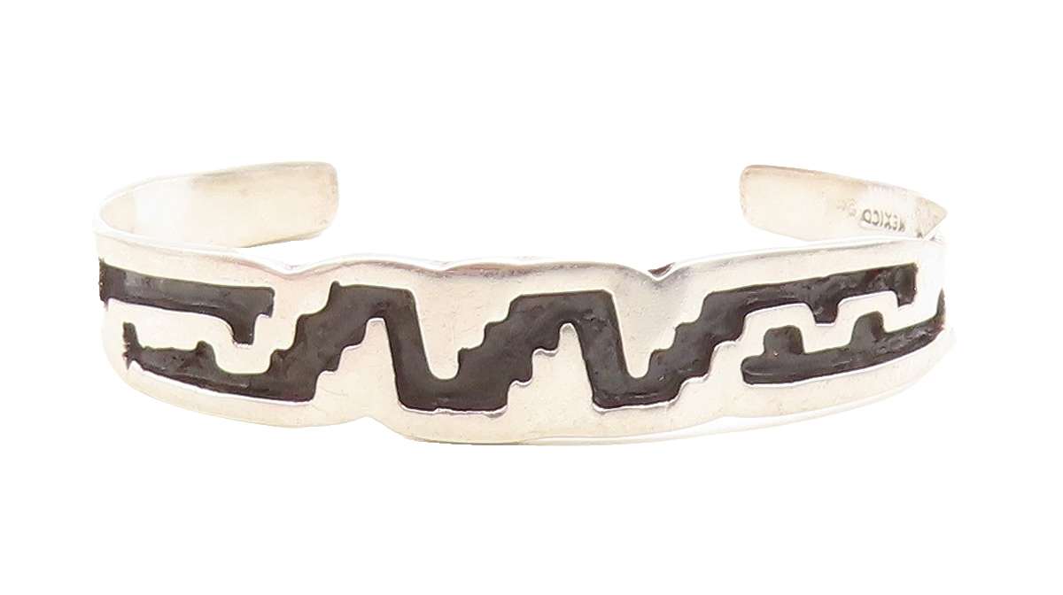 MEXICO 925 Sterling Silver  Vintage Shiny Enamel Pattern Cuff Bracelet  BT1597