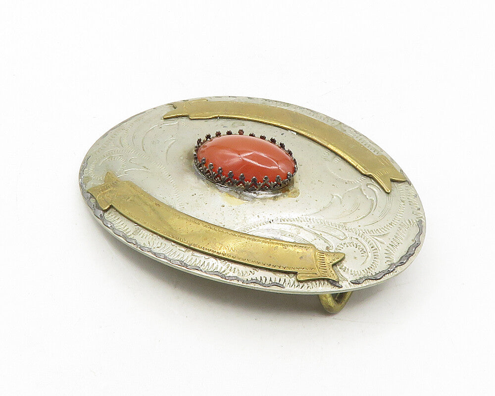 GERMANY 925 Sterling Silver  Vintage Carnelian Two Tone Belt Buckle  TR1750