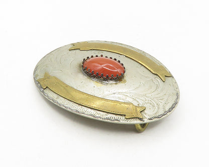 GERMANY 925 Sterling Silver  Vintage Carnelian Two Tone Belt Buckle  TR1750