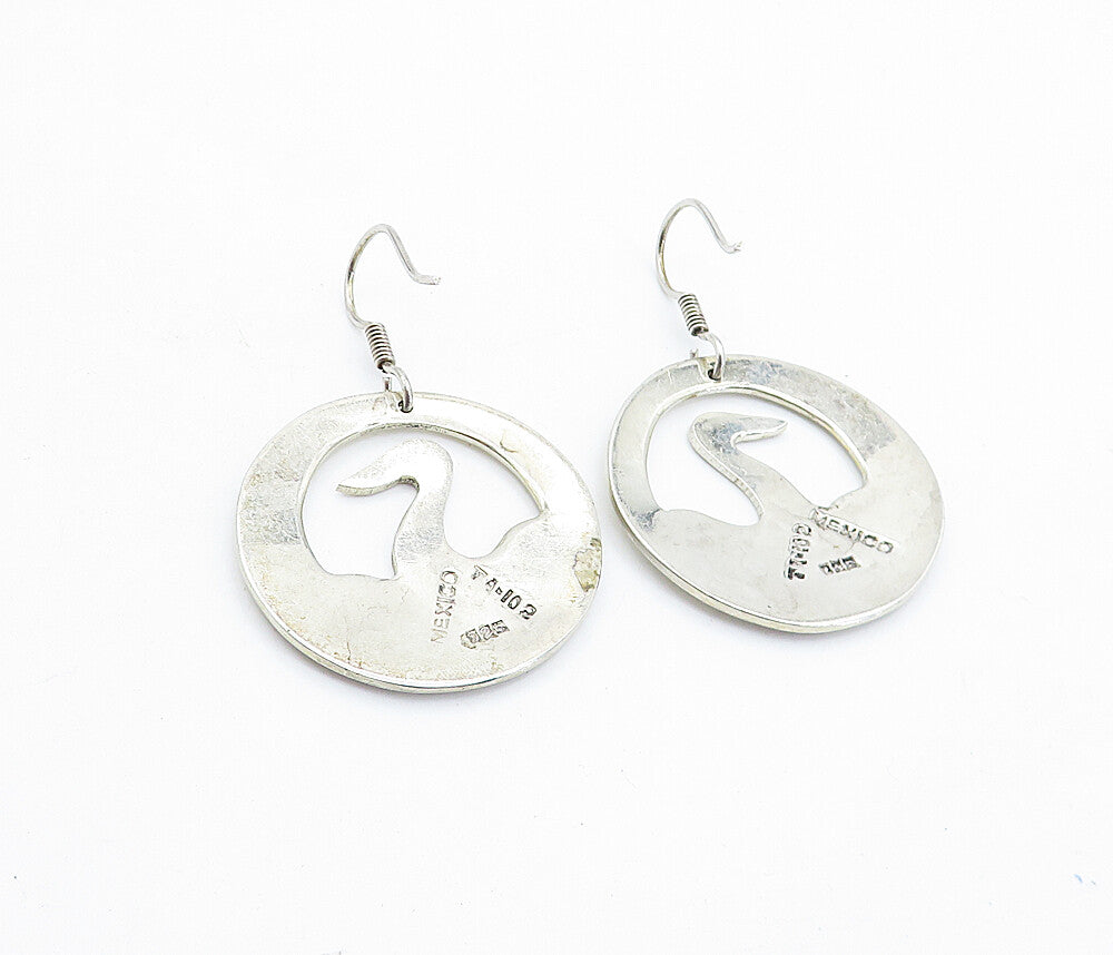 MEXICO 925 Sterling Silver  Vintage Etched Bird Round Dangle Earrings  EG2882