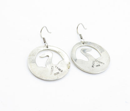 MEXICO 925 Sterling Silver  Vintage Etched Bird Round Dangle Earrings  EG2882