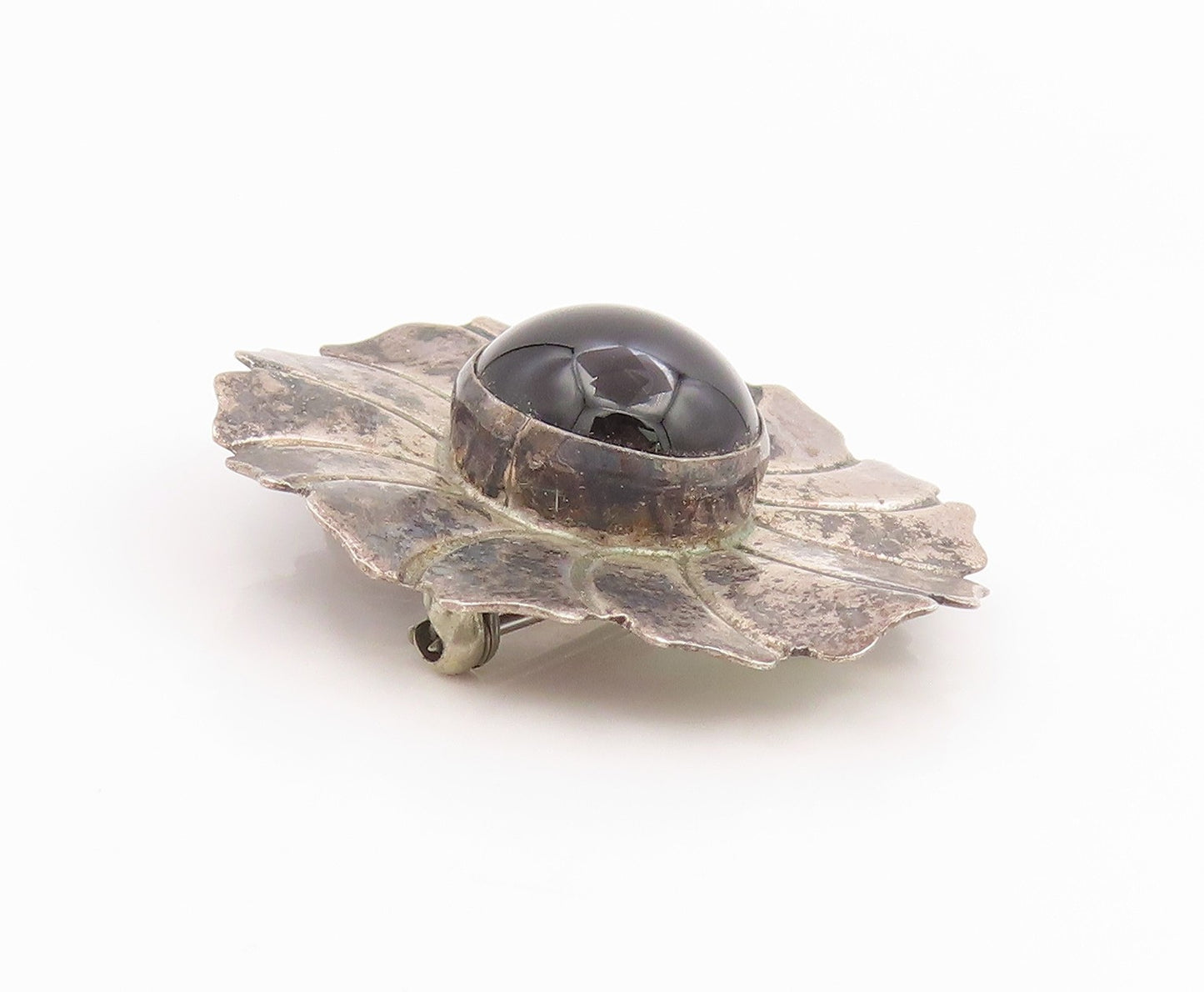 925 Sterling Silver Vintage Brooch Pin Cabochon Onyx Floral Sunburst  BP12517