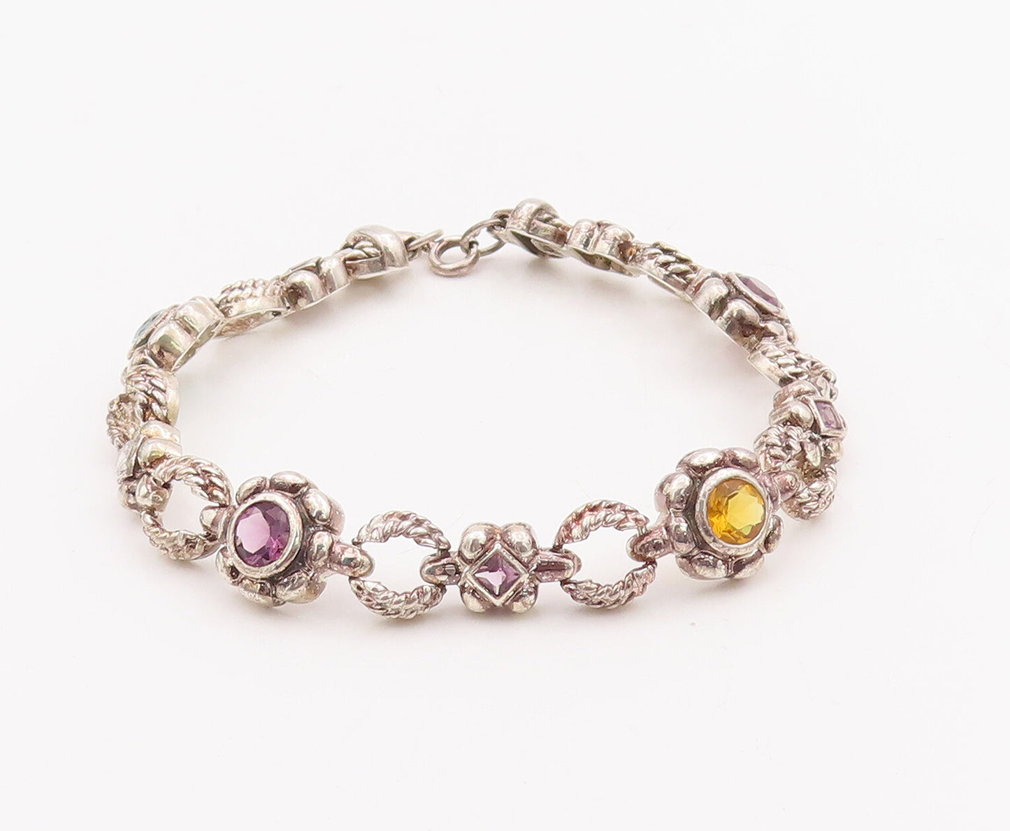925 Sterling Silver Vintage Bracelet Amethyst Flowers & Ring Linked  BT10591