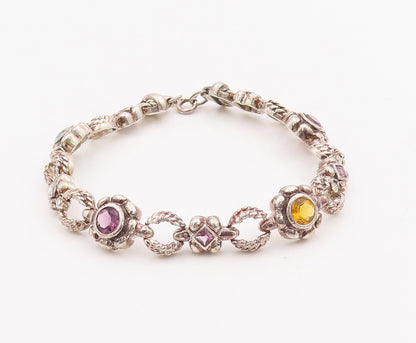 925 Sterling Silver Vintage Bracelet Amethyst Flowers & Ring Linked  BT10591