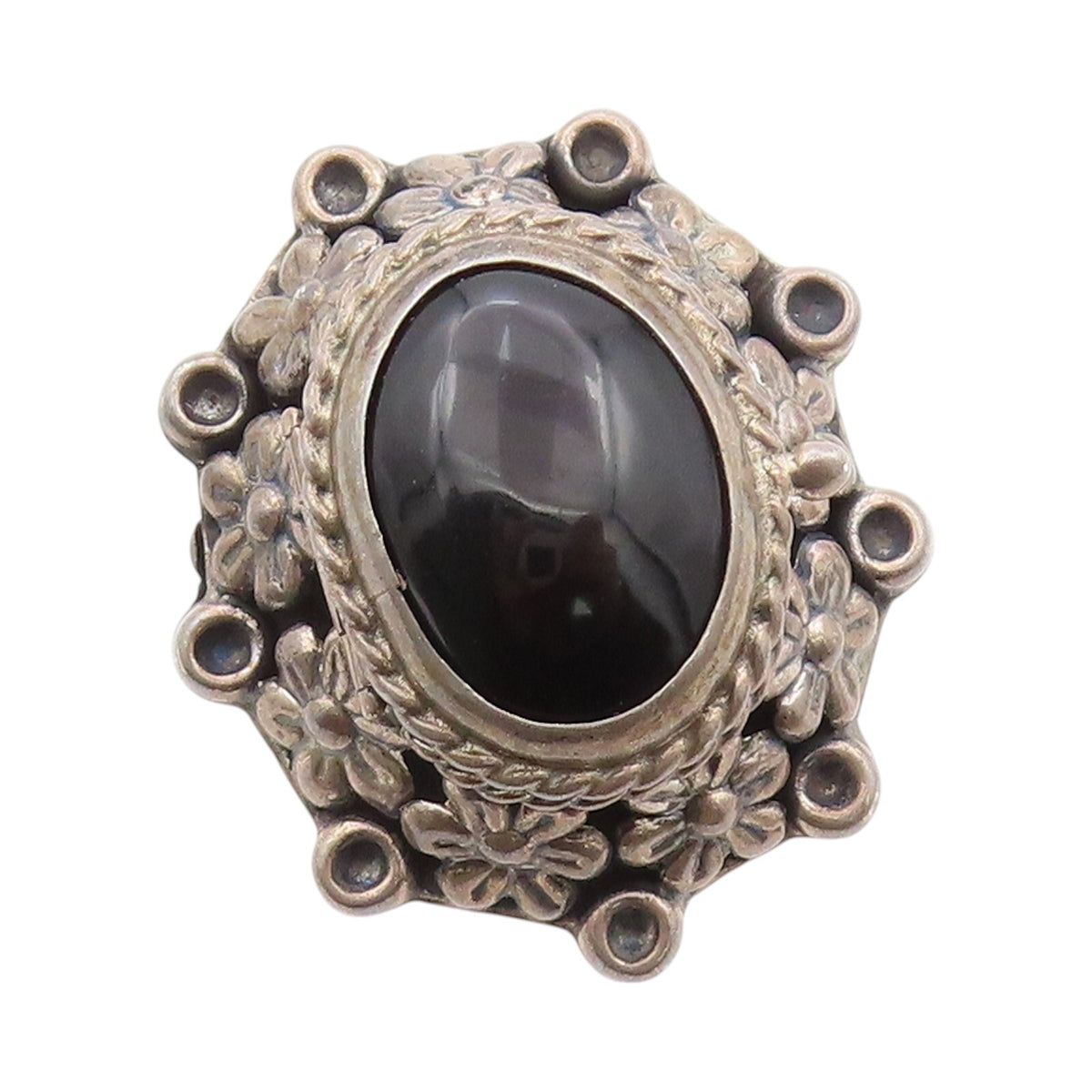 925 Sterling Silver Vintage Ring MEXICO Onyx Dark Tone Floral OPENS SZ 9 RG32111