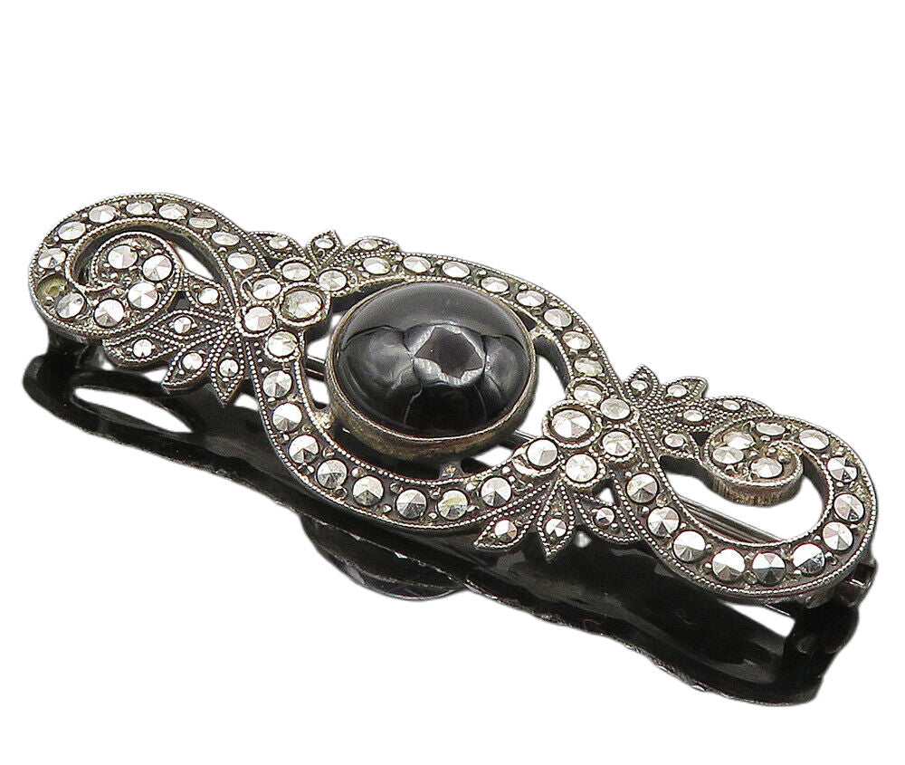 925 Sterling Silver  Vintage Cabochon Cut Black Onyx Shiny Brooch Pin  BP3434