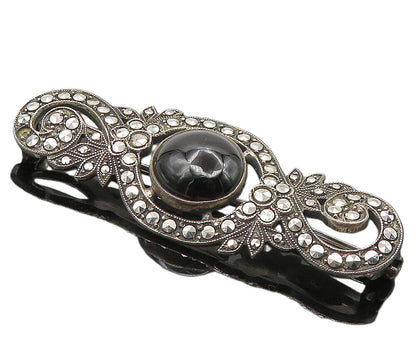 925 Sterling Silver  Vintage Cabochon Cut Black Onyx Shiny Brooch Pin  BP3434