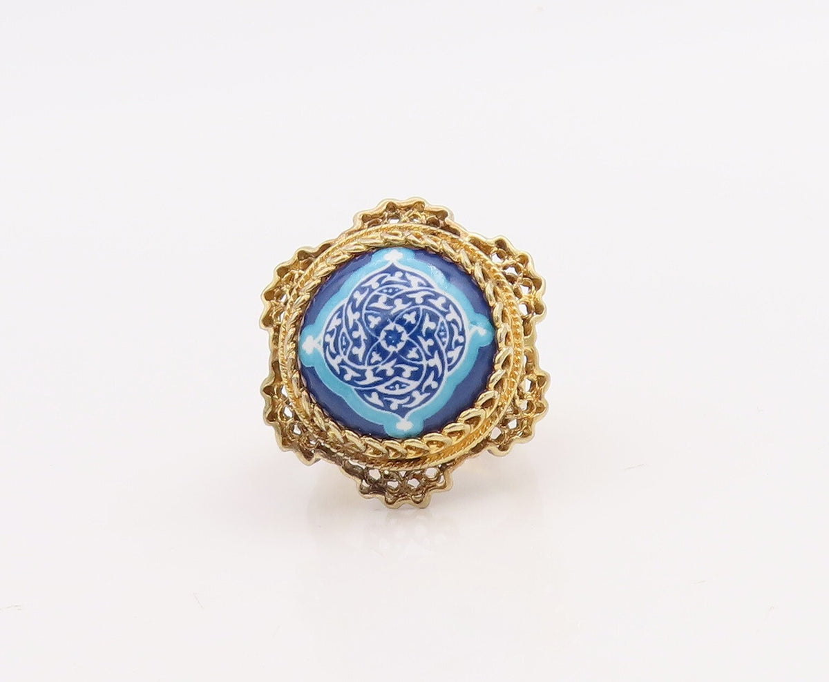 925 Sterling Silver Vintage Ring Gold Plated Enameled Floral Carved Sz 6 RG28865