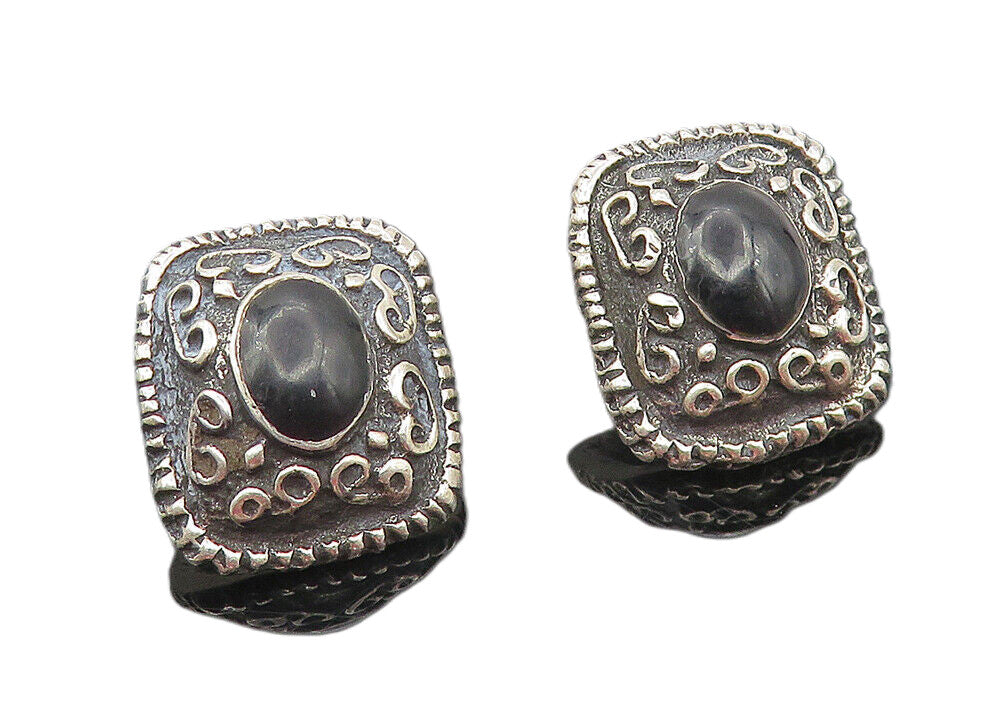 925 Sterling Silver  Vintage Black Onyx Swirl Pattern Drop Earrings  EG6091