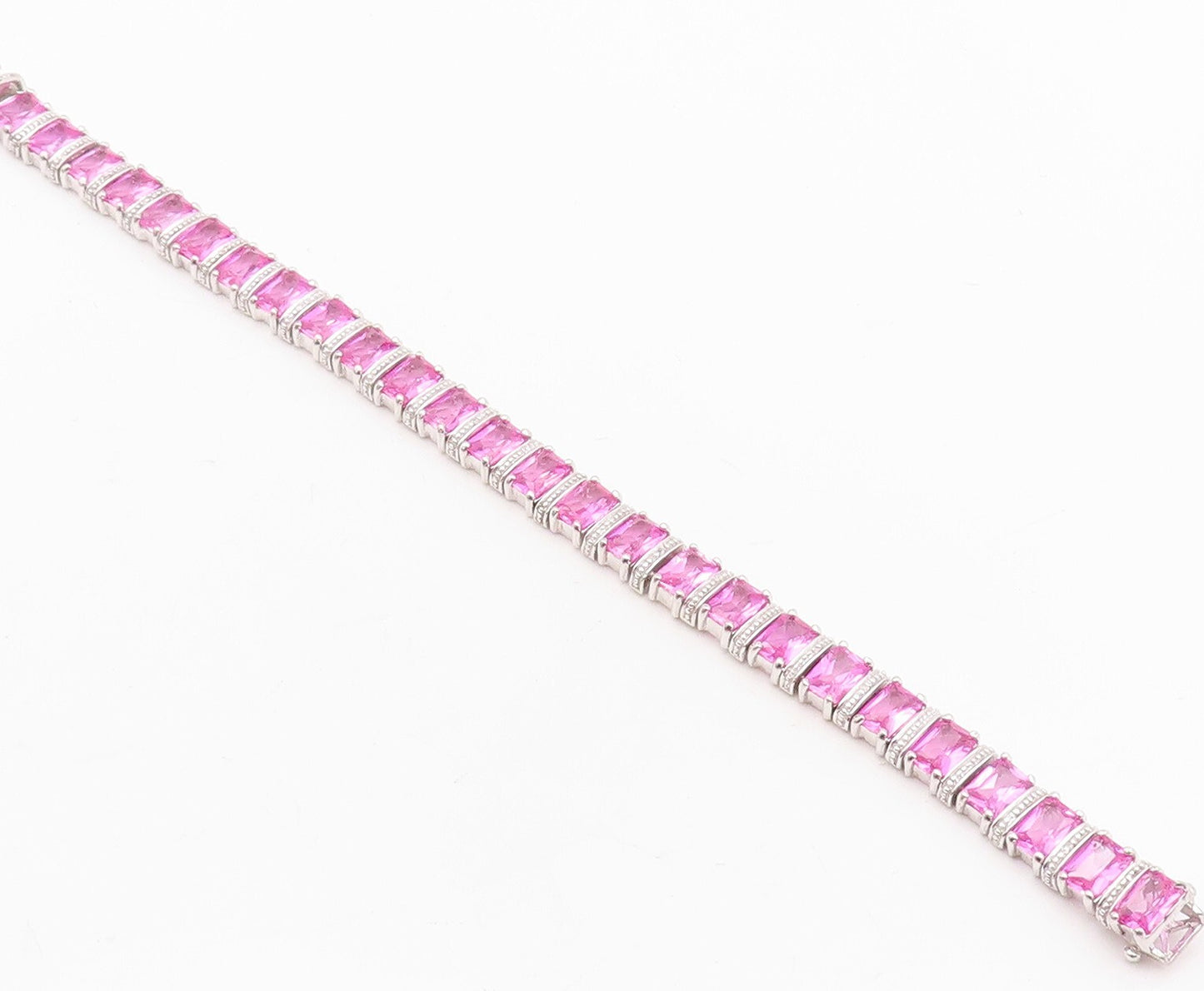 925 Sterling Silver Vintage Bracelet Rectangle Pink & White CZ Inlay  BT10866