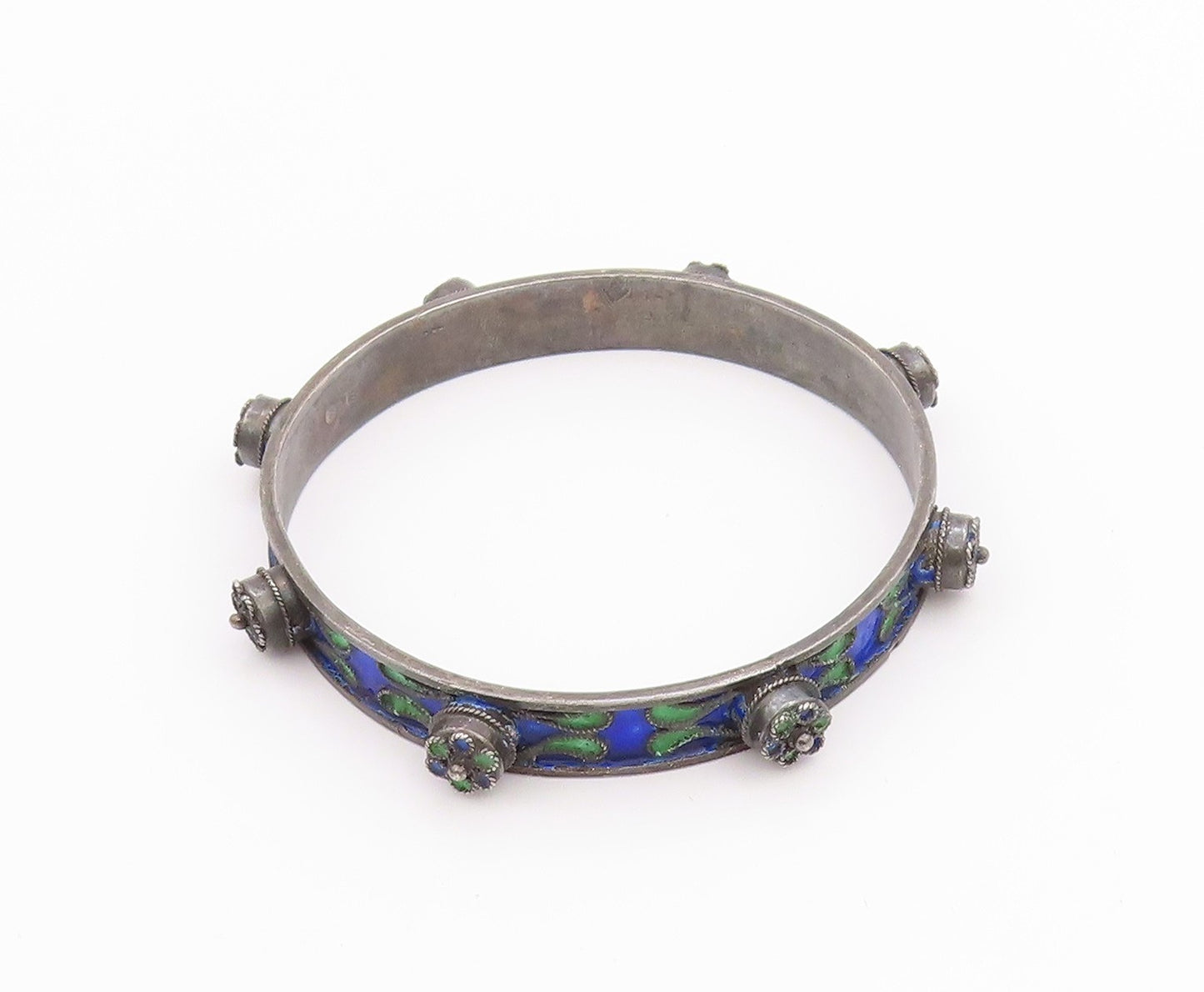 925 Sterling Silver Vintage Bracelet Antique Enameled CZ Flowers Bangle  BT11322