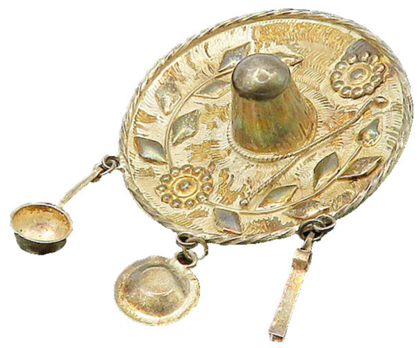 MEXICO 925 Sterling Silver  Vintage Floral Sombrero Hat Brooch Pin  BP8694