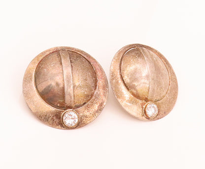 925 Sterling Silver  Vintage Modernist Round Dome Mounted CZ Earrings  EG12430