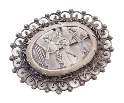 925 Sterling Silver Vintage Brooch Pin Dark Tone Trible Figures Carved  BP11335