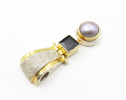 925 Sterling Silver  Blue Pearl & Black Onyx 2 Tone Hinge Drop Pendant  PT8090