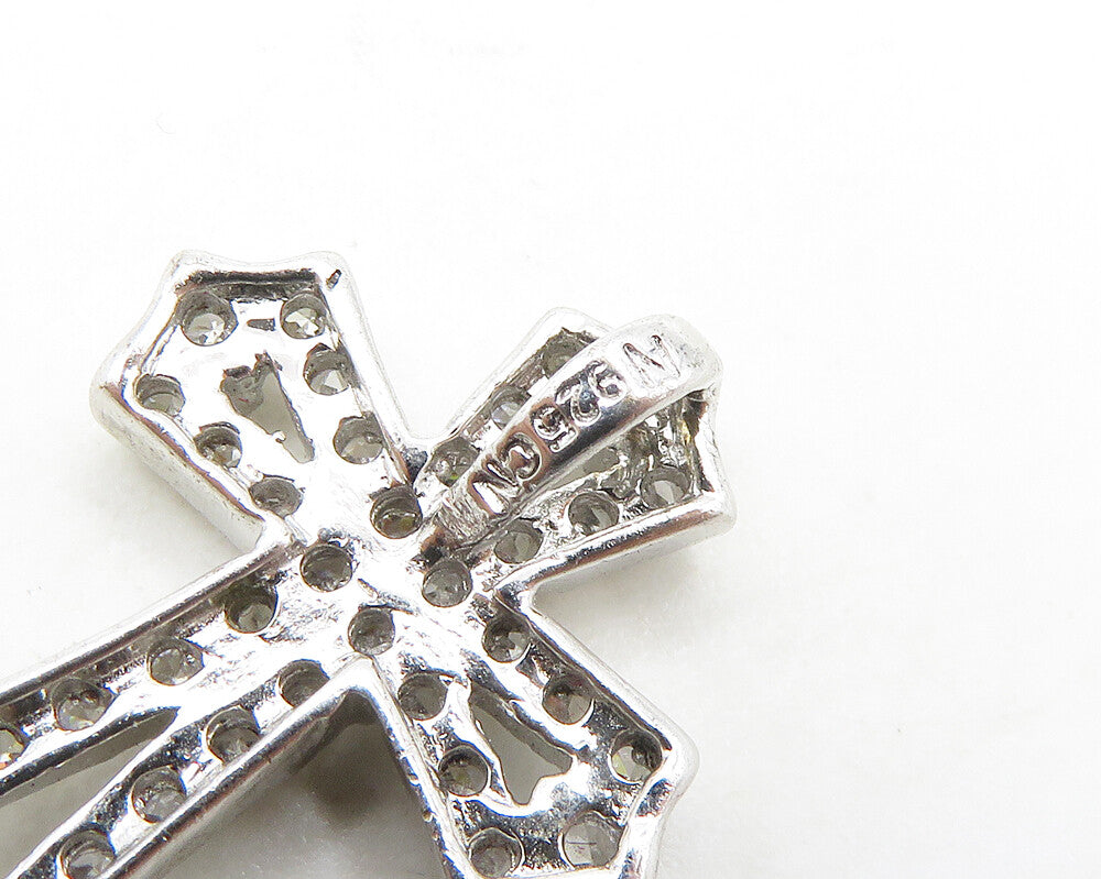 925 Sterling Silver  Shiny White Topaz Religious Cross Drop Pendant  PT14353