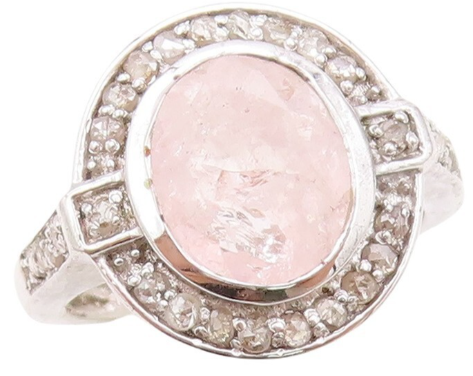 925 Sterling Silver Vintage Ring Oval Pink Gemstone Halo Diamonds  Sz 7  RG30179