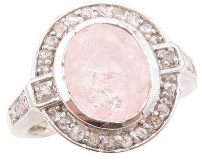 925 Sterling Silver Vintage Ring Oval Pink Gemstone Halo Diamonds  Sz 7  RG30179
