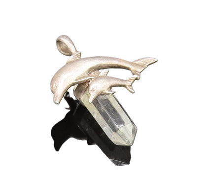 925 Sterling Silver  Vintage Parent & Baby Dolphin Quartz Pendant  PT21003