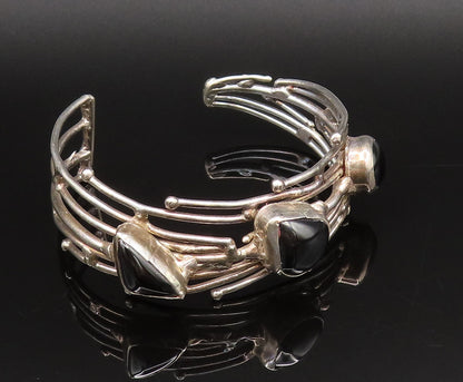 925 Silver  Vintage Multi Shaped Black Onyx Open Rows Cuff Bracelet BT9665