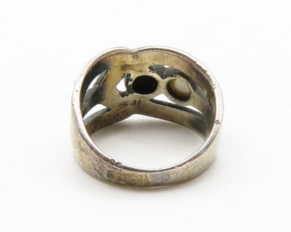 925 Sterling Silver  Vintage Mother Of Pearl & Onyx Band Ring Sz 6  RG13676