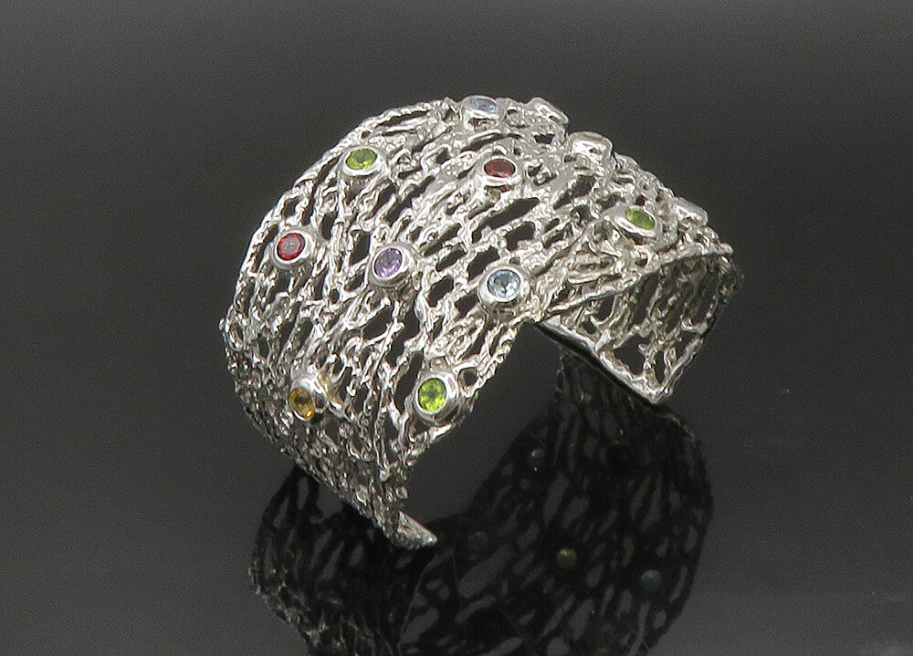 925 Silver Vintage Topaz Peridot & Multi Stone Sculpted Cuff Bracelet BT8996