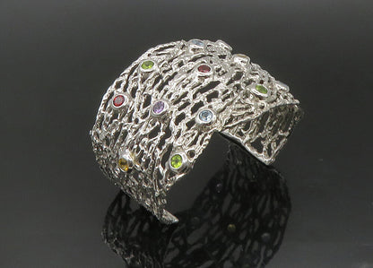 925 Silver Vintage Topaz Peridot & Multi Stone Sculpted Cuff Bracelet BT8996