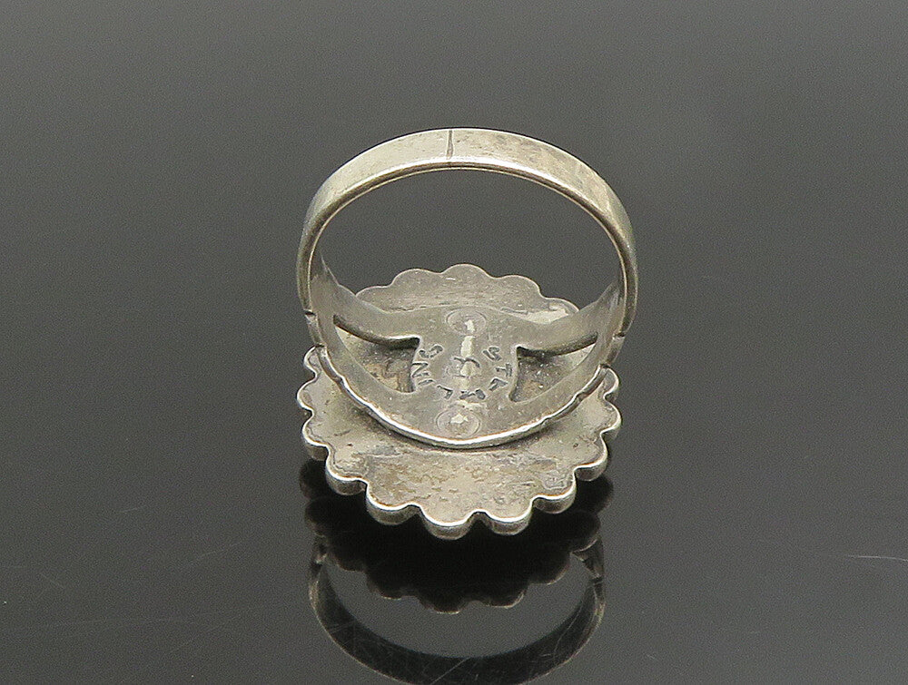 SOUTHWESTERN 925 Silver Vintage Beaded Border Turquoise Ring Sz 5 RG24678