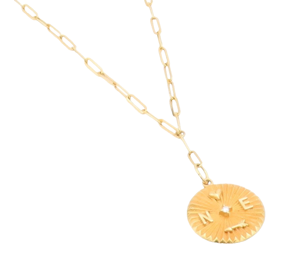 925 Sterling Silver Vintage Necklace Gold Plated CZ Compass Medal Chain  NE4797