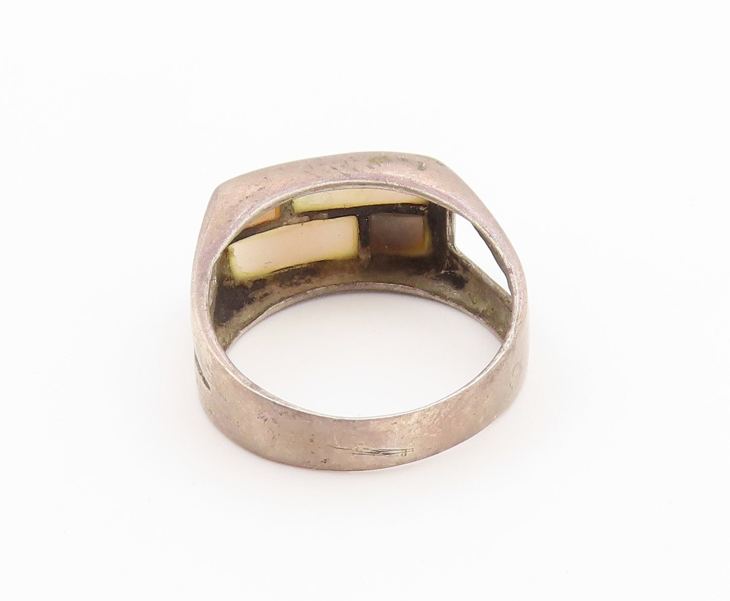925 Sterling Silver Vintage Ring Mother Of Pearl Geometric Inlay  Sz 9  RG36926