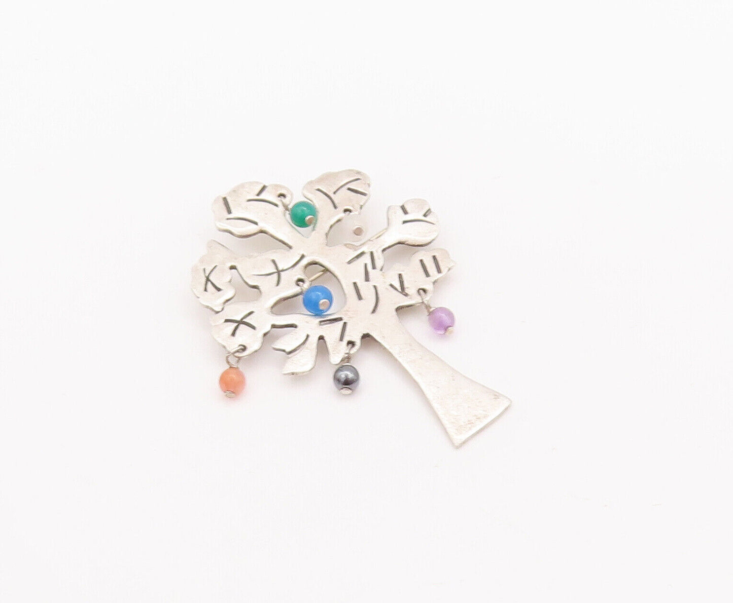 925 Sterling Silver Vintage Brooch Pin Designer Gemstone Beaded Tree  BP10872