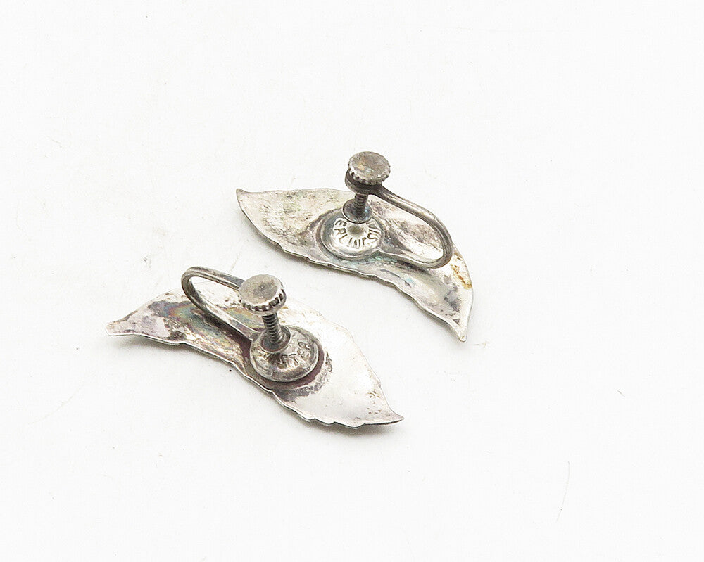 SIAM 925 Silver  Vintage Enamel Niello Dancer Leaf Non Pierce Earrings  EG5340