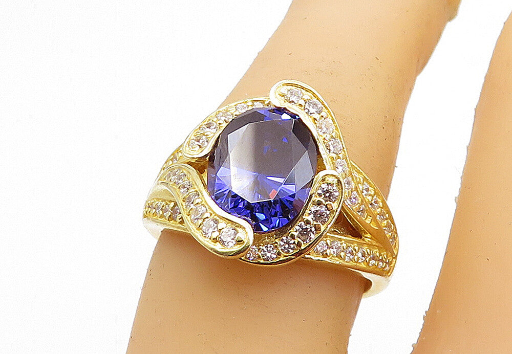 925 Sterling Silver Purple & White Topaz Gold Plated Band Ring Sz 7 RG4618