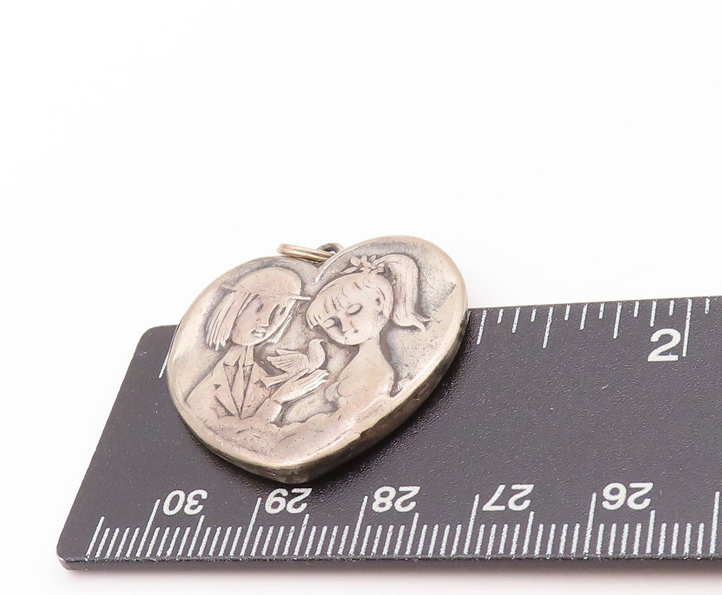 925 Sterling Silver Vintage Pendant Antique French Lovers Heart   PT24217